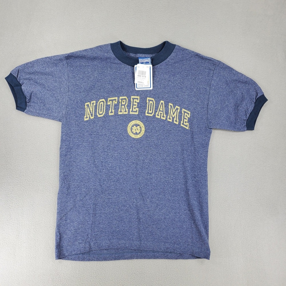 Champs Notre Dame Ringer T-Shirt Adult XS Navy Blue‎ Vintage Graphic NEW